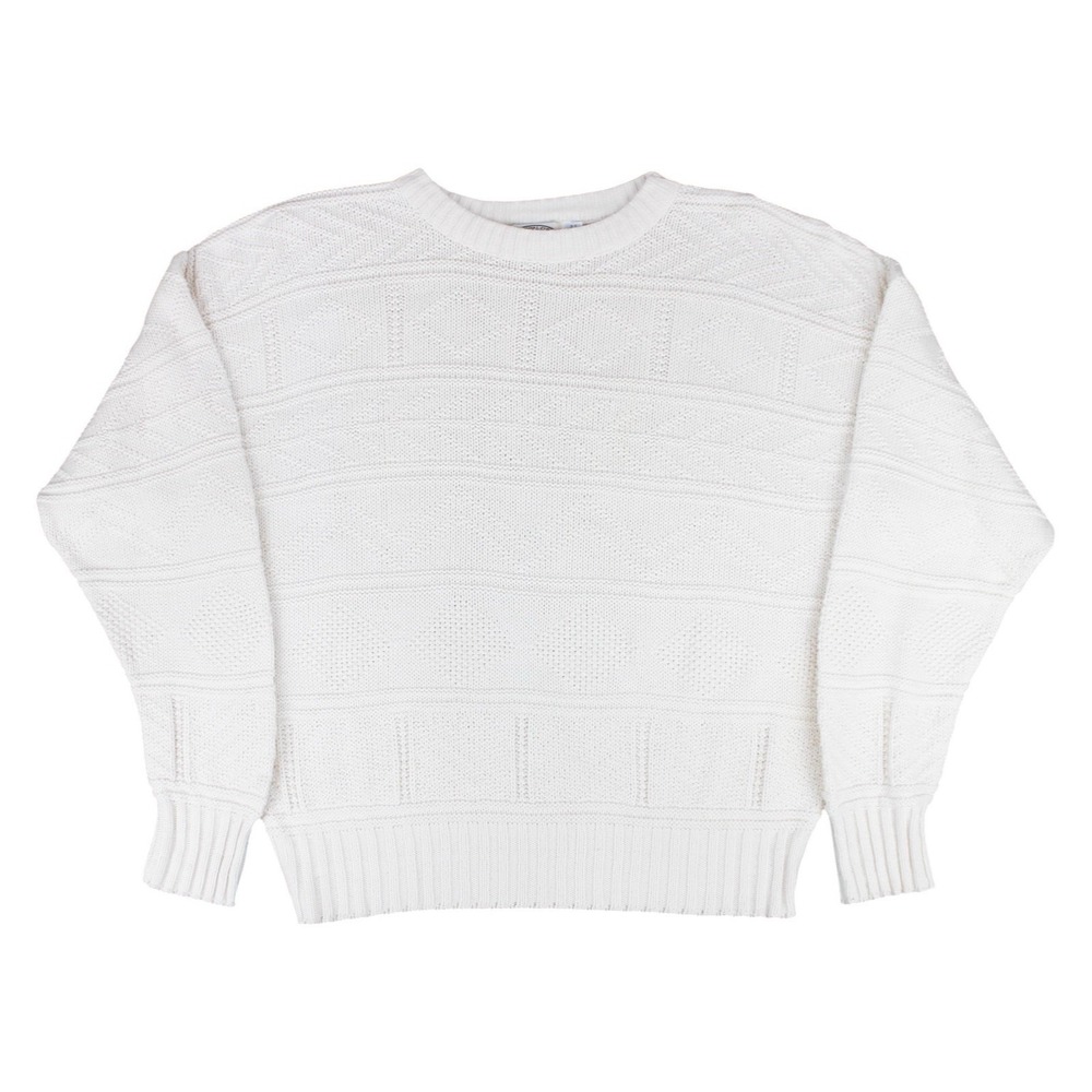 Vintage 90s Detailed Knit Sweater Ivory Cotton Geometric Crewneck Made USA XL